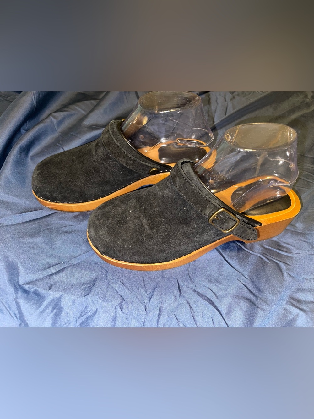 Re/Done Black Suede Mules with Buckle Detail and a Wood Sole